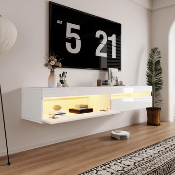 71" Floating TV Stand Wall Mounted, Solid Wood Entertainment Center with LED Lighting & Power Outlet, High-Gloss