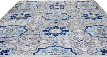 Mediterranean Medallion Indoor Outdoor Area Rug Blue/Gray, Boho for Backyard, Patio, Porch, Easy-Cleaning, High