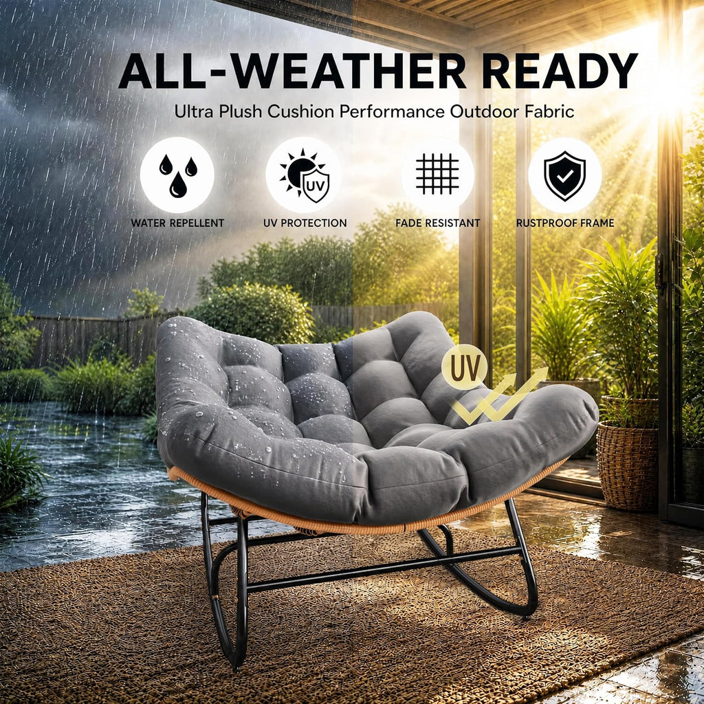 Papasan Rocking Chair Outdoor Oversized Rocker with 5" Cushion, 450 lbs Wicker Egg Recliner Chair Metal Patio Chair