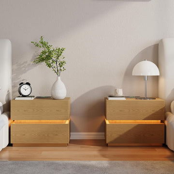Smart Nightstand Set of 2 with Wireless Charging Station, USB & Type-C Ports, LED Light, 2 Drawers - Modern Natural