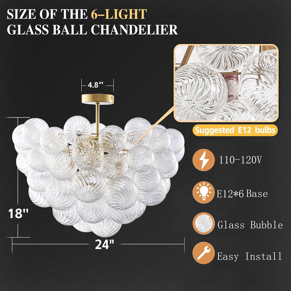 Semi Flush Mount Bubble Ball Chandelier Lighting 24 Inches Gold Clear Ribbed Blown Glass Chandeliers Ceiling Light