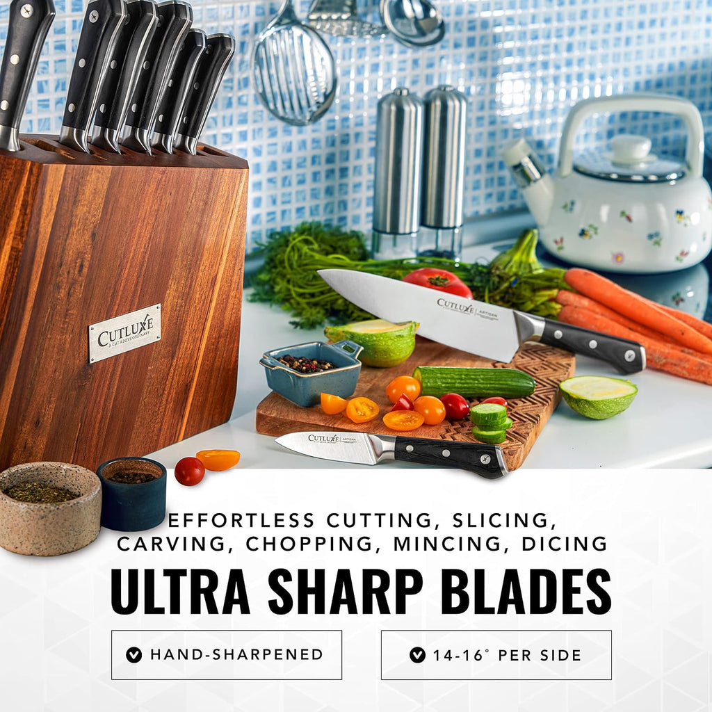 Kitchen Knife Set, 8-Piece Chef Knives with Acacia Wood Block | Razor Sharp Full Tang Blades, High Carbon German