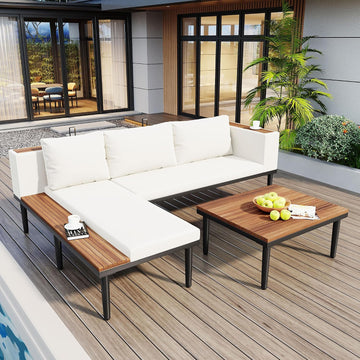 Acacia Wood Outdoor Sectional Sofa Set - Luxury L-Shaped Patio Furniture with Removable Cushions, Coffee Table & Side