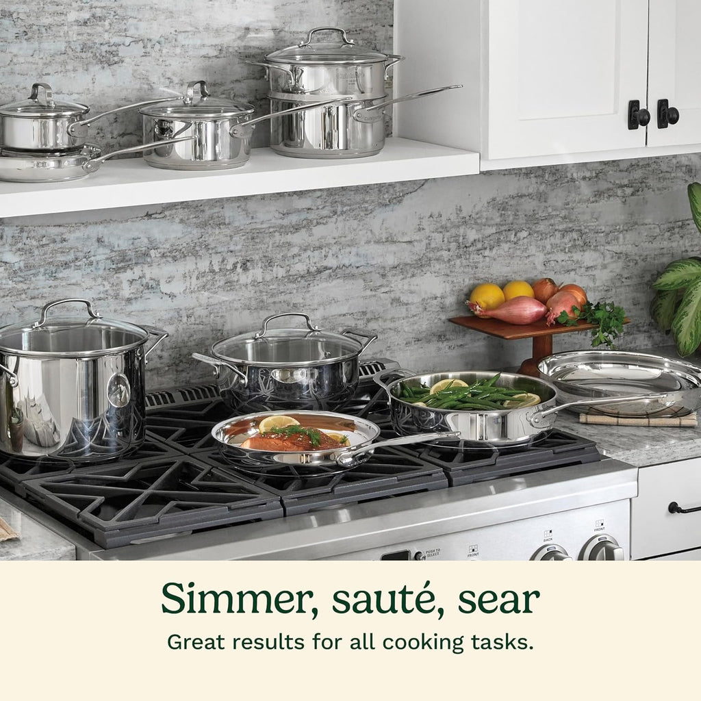 17-Piece Stainless Steel Cookware Set, Chef's Classic Steel Collection with Pure Aluminum Core for Quick and Even