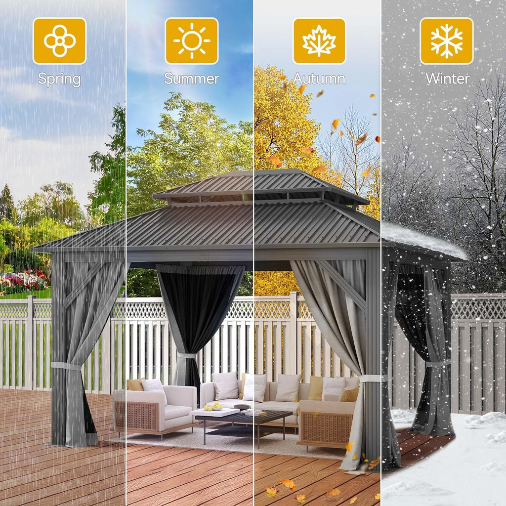 14x12FT Gazebo Hardtop Outdoor Double Roof with Nettings and Curtains