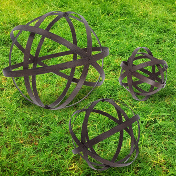 3 PCS Garden Spheres Balls Assorted Size Distressed Metal Band Decorative Sphere Folding Orbs Sculpture for Outdoor