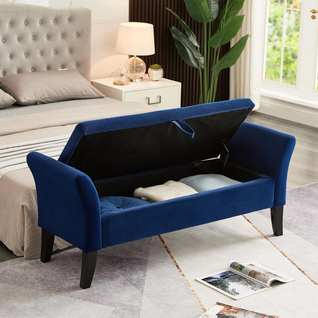 Storage Ottoman Bench, Velvet Benches End of Bed Bench with Solid Wood Legs Upholstered Ottoman with Storage Indoor