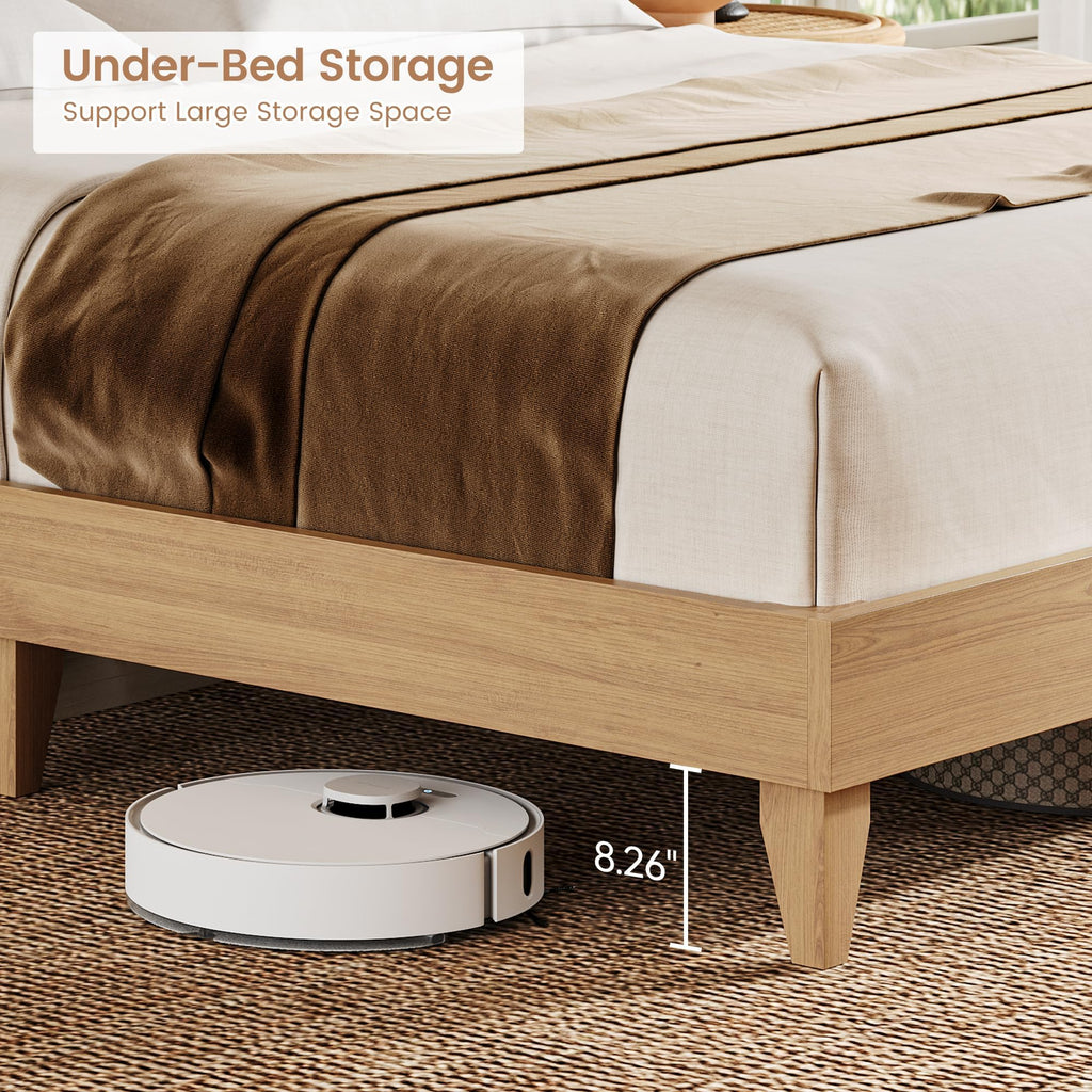 King Size Solid Wood Bed Frame with Bookcase Headboard, Platform Bed