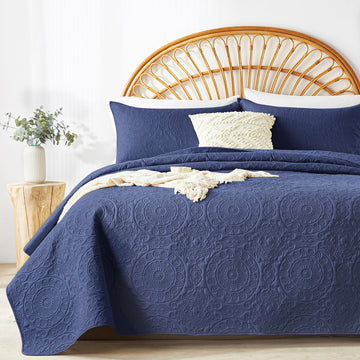 Navy Blue Quilt Set, Embossing Microfiber Bedspreads with Pillow Sham, Ligthweight Breathable Thin