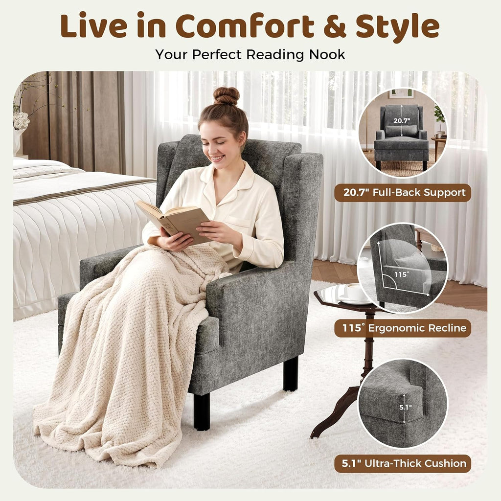 Wingback Accent Chair , Mid-Century Modern Reading Chair , Modern Chenille Upholstered Comfy Armchair with High Back