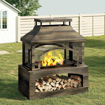 37" Fire Pits, Wood Burning Fireplace for Outside Rectangular Chiminea Outdoor Firepits with Poker, Wood Storage