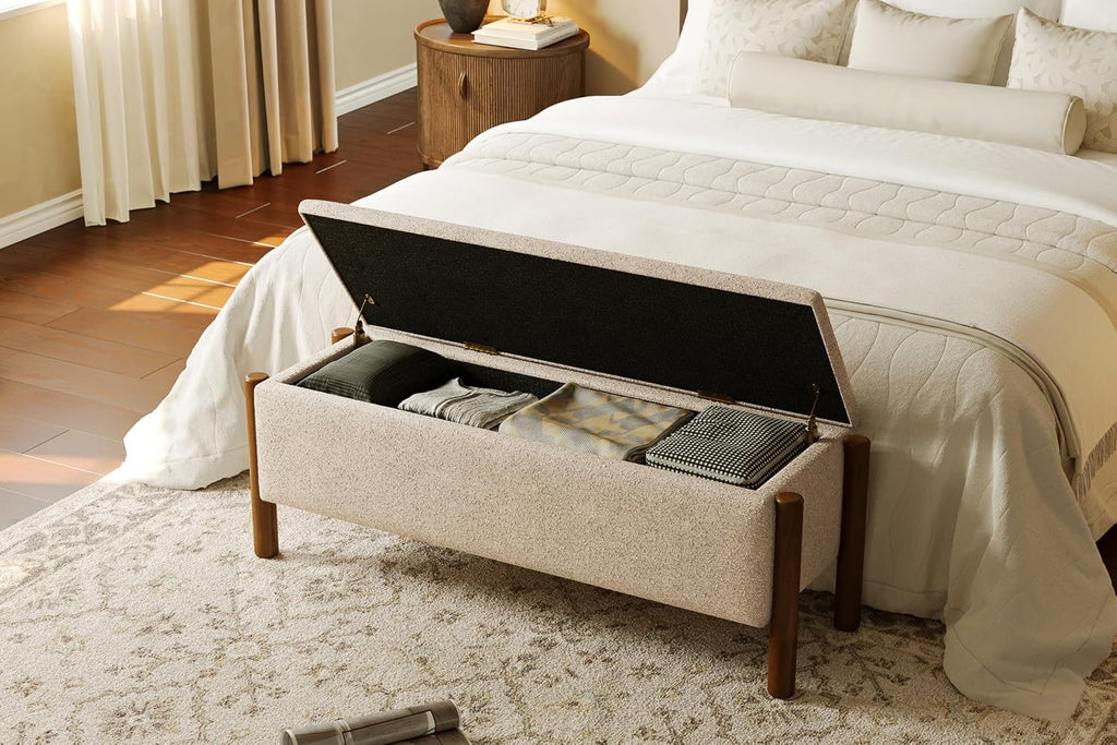 Modern Storage Benches with Walnut Wood Legs, 47'' Ottoman Bench with 20 Gallons Storage Space End of Bed, Fabric