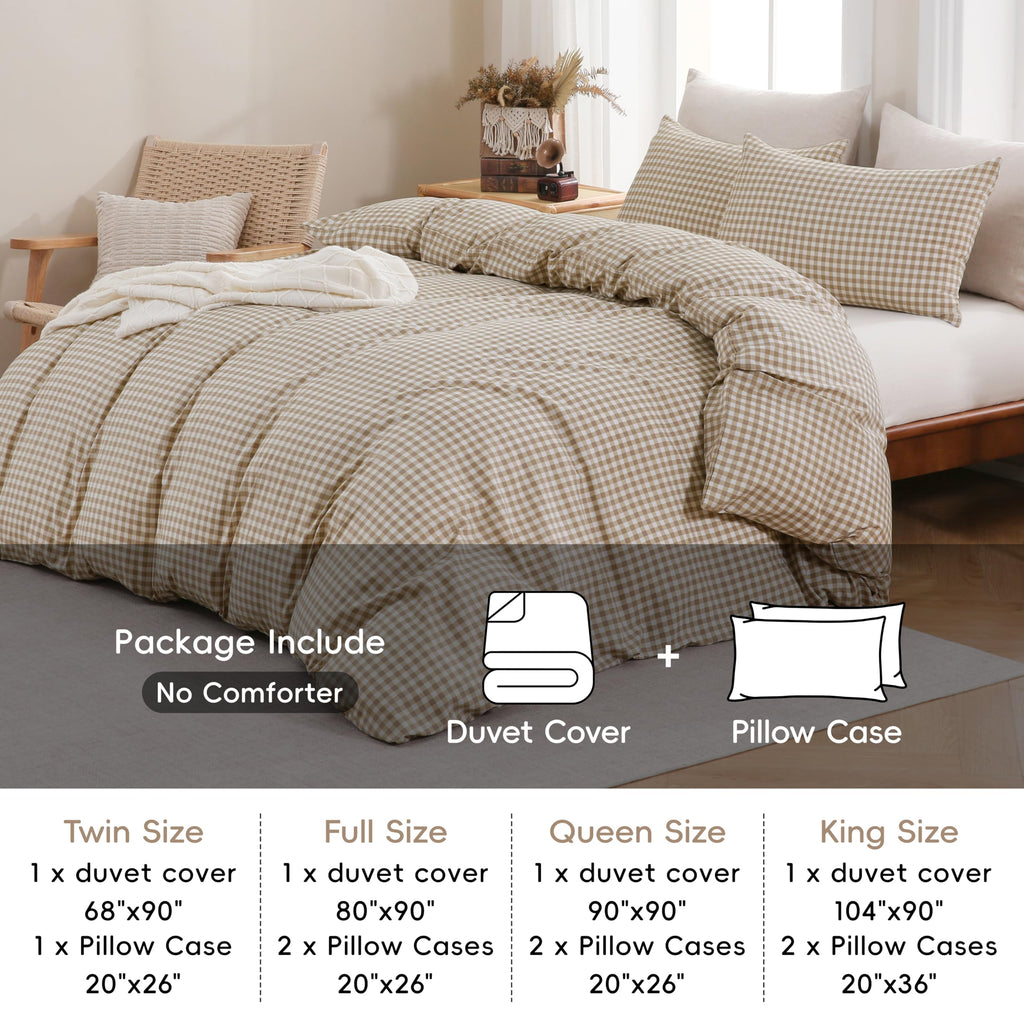 Brown Gingham Duvet Cover Bedding Set Prewashed Extra Soft