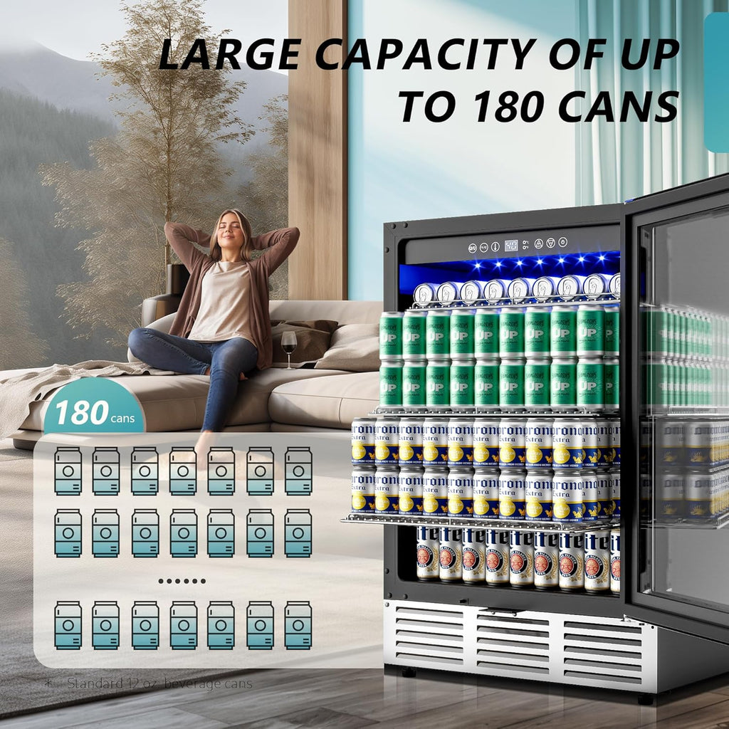 24 Inch Beverage Refrigerator, 180 Can Built-in Beverage Cooler, Under Counter B