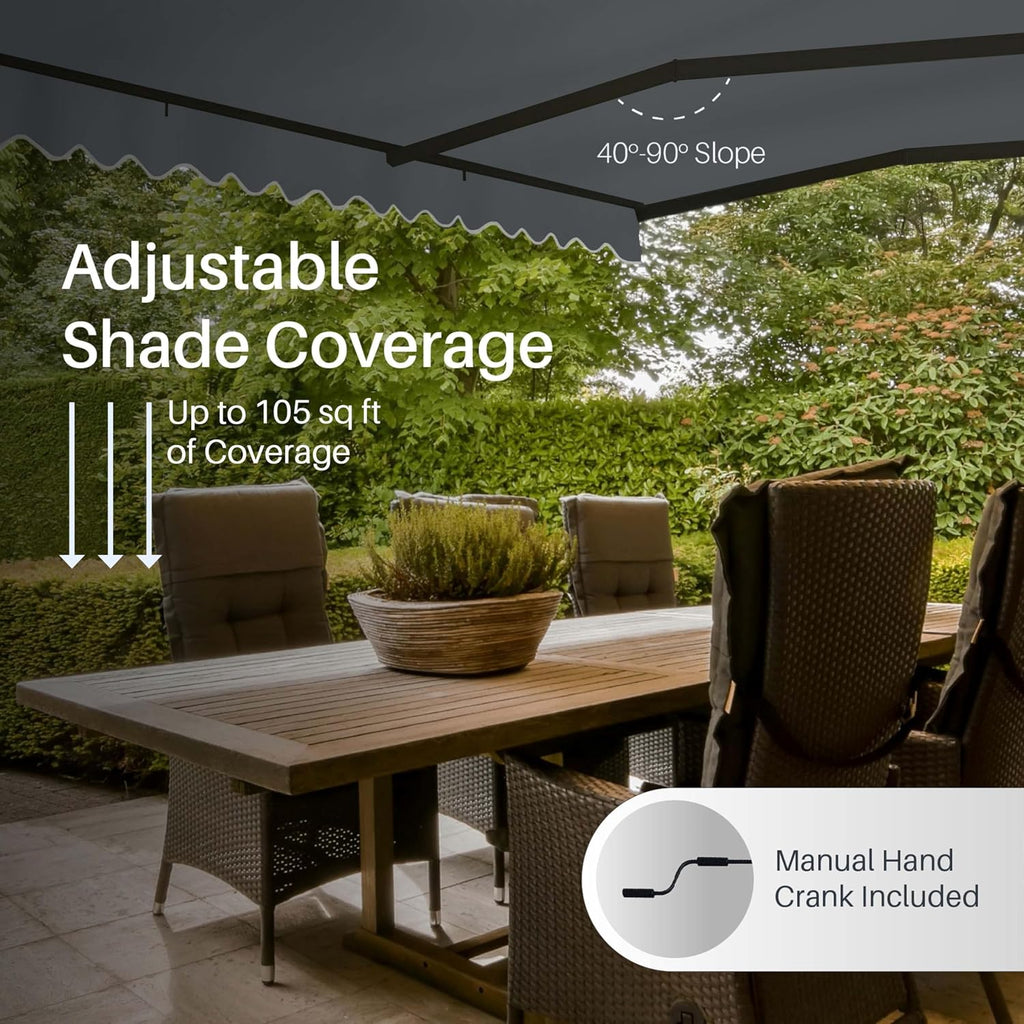 Manual Patio Awning with Black Frame, 12x10 Charcoal Gray | Hand-crank retractable sunshade, adjustable pitch