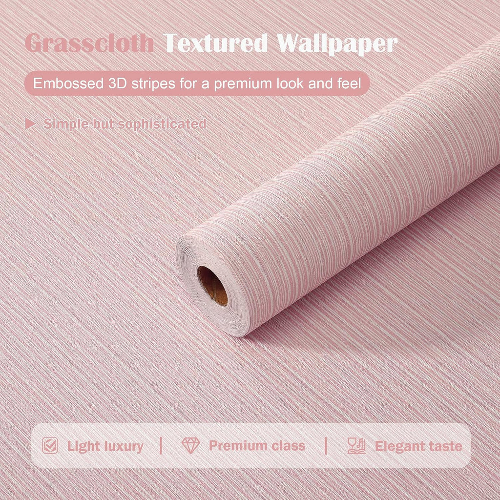 Grasscloth Textured Peel and Stick Wallpaper,Pink,24"x394" | Thickened,Self-Adhesive,Vinyl,LinenEmbossed,Contact