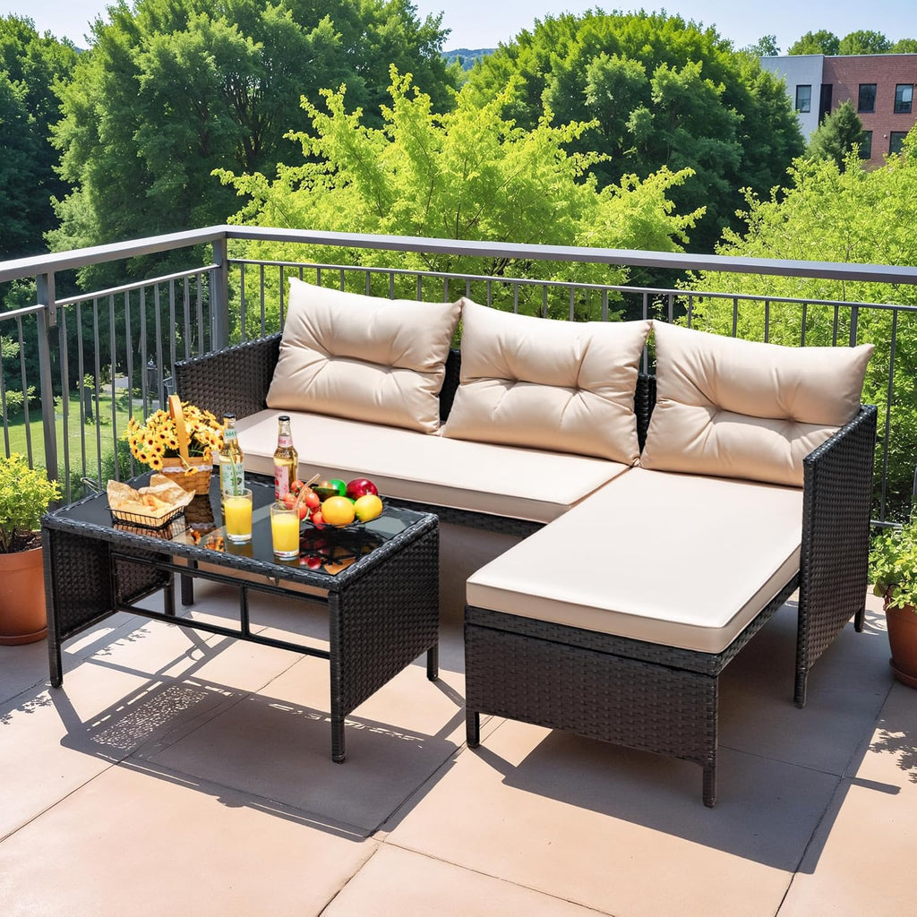 Outdoor Patio Furniture 3-Piece Rattan Waterproof Outdoor Sectional Sofa All-Weather L Shaped Patio Couch with Cushion