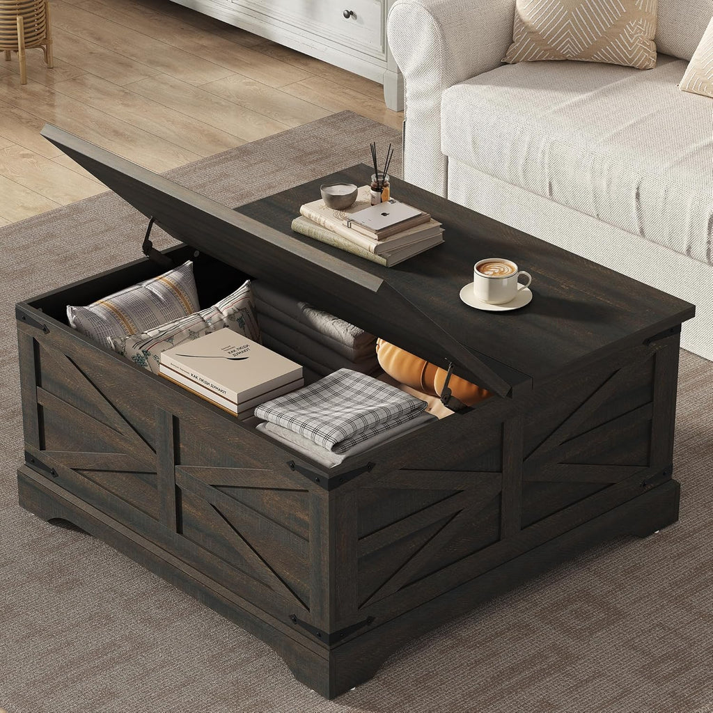35.5''W Square Coffee Table Farmhouse Lift top Coffee Table with Large Hidden Storage, Wood Center Table, Dark Brown
