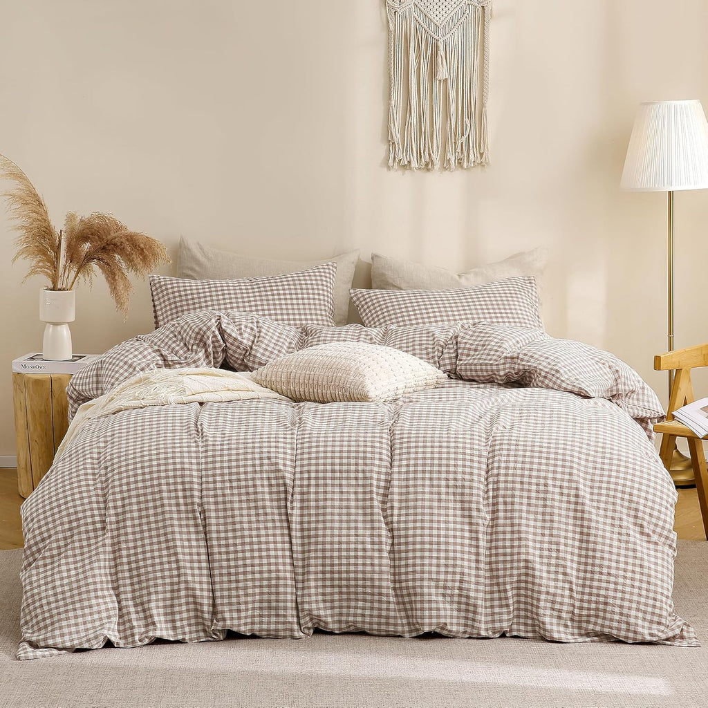 Tan Gingham Duvet Cover Bedding Set 100% Washed Cotton Like Linen Feel Super Soft Comfy 3 Piece Brown Vintage Plaid, Queen Size