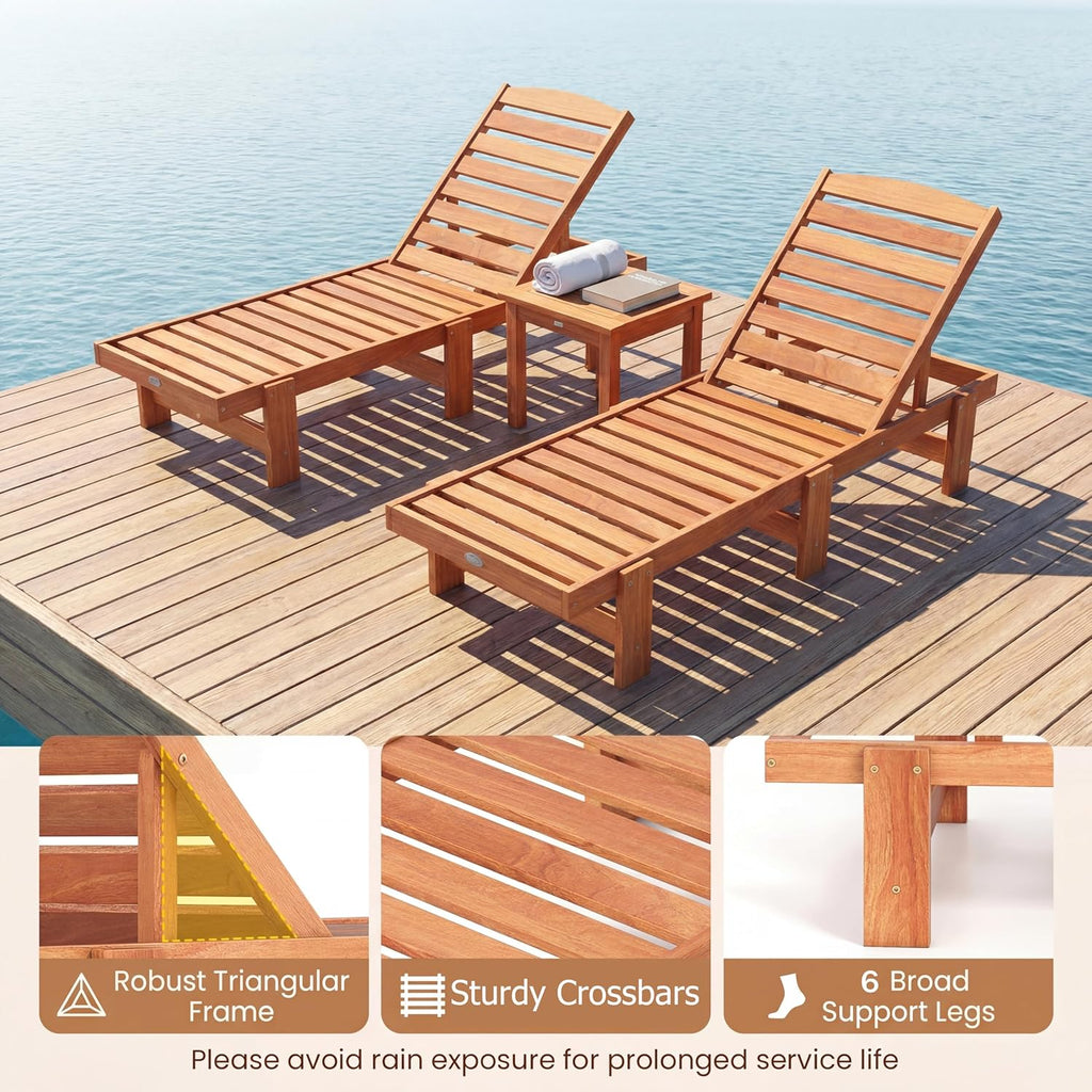 Solid Wood Chaise Lounge, Outdoor Lounge Chair Teak Oil Finished | 5-Position Adjustable Backrest, Wooden Patio