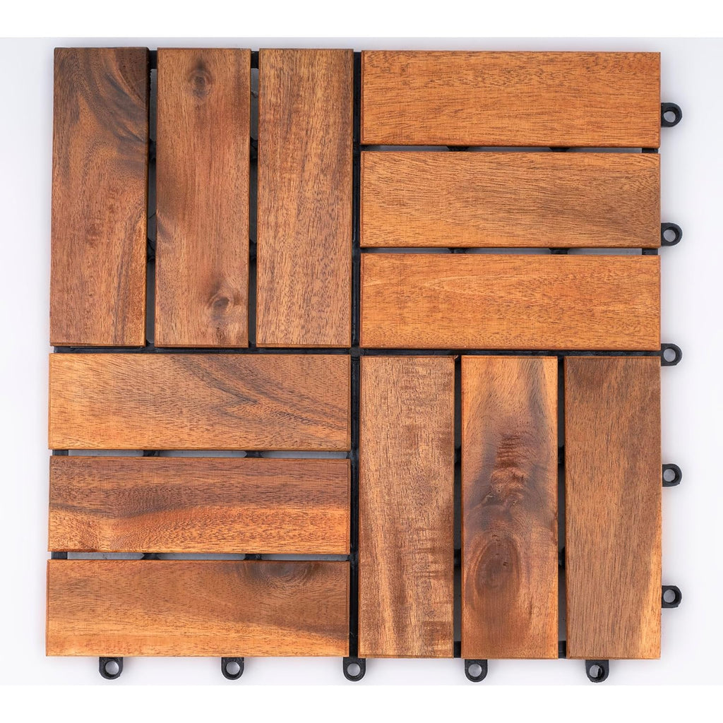 Bliss Outdoors Hardwood 12-Slat Interlocking Deck Tiles, Acacia Wooden Waterproof Patio Flooring for Balcony Indoor and