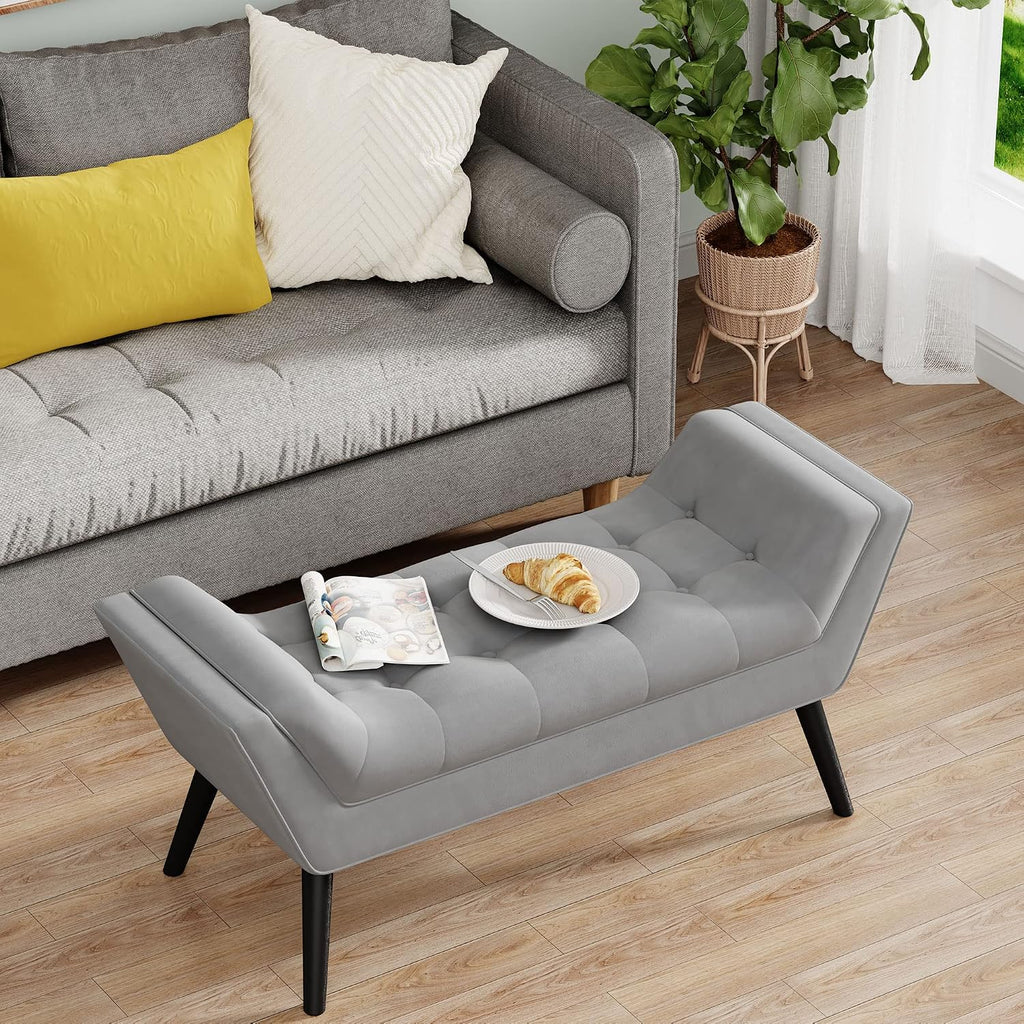 Tufted Bed Bench Fabric Ottoman Footstools for Bed Room -Gray