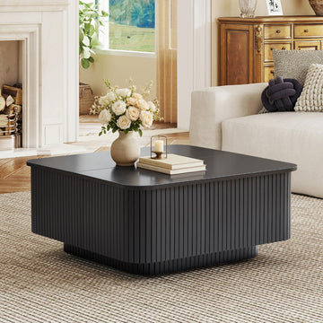 31.5" Square Coffee Table with Storage, Fluted & Floating Base (Black)