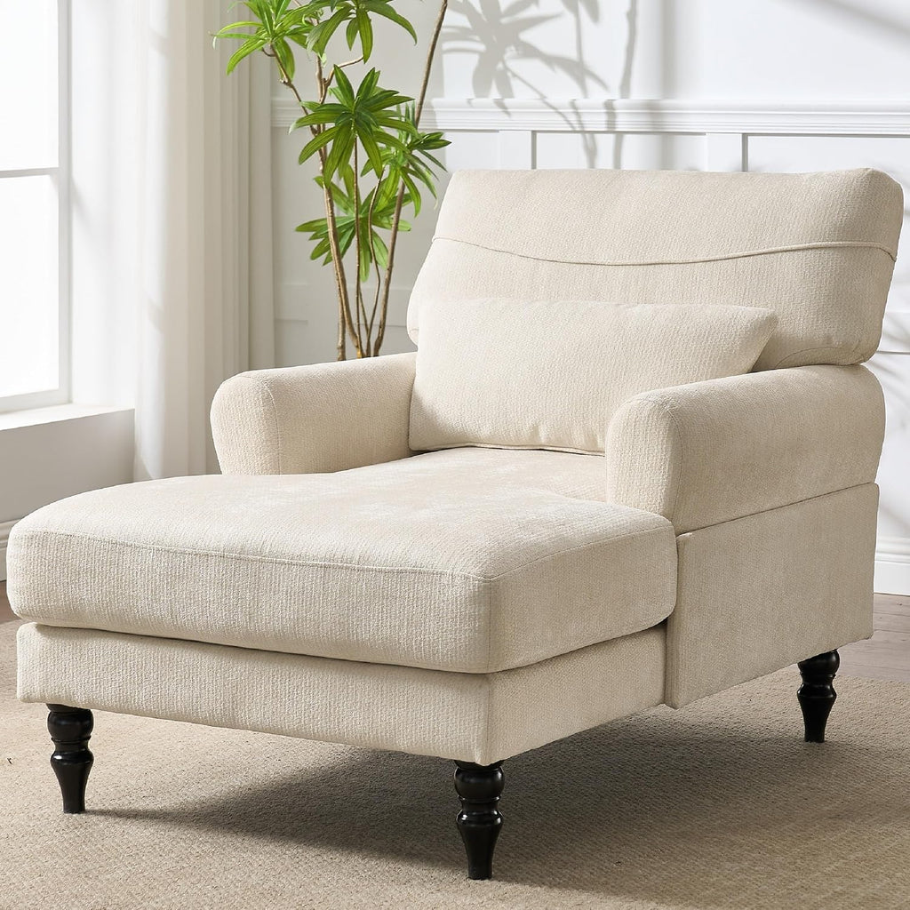 Chaise Lounge Chair Indoor, Leisure Sleeper Sofa w/Cushion, White | Modern Accent Upholstered Reading Side Armchair