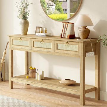 Rattan Console Sofa Table with Outlets and USB-C Port, 3 Drawer Entryway Table with Synthetic Rattan Surface, Open