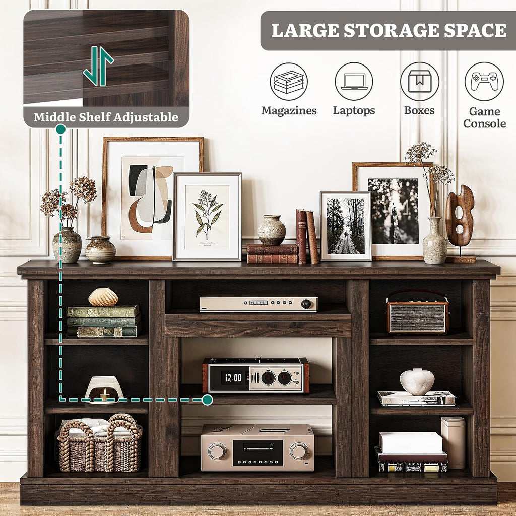 Farmhouse TV Stand for 75/80 Inch TVs, Entertainment Center with Adjustable Shelf & Open Storage, TV Console Table