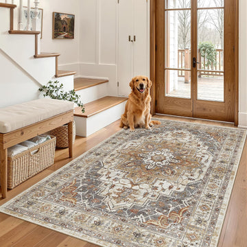 Area Rug 3x5, Washable Vintage Entry Rugs, Turmeric/Grey