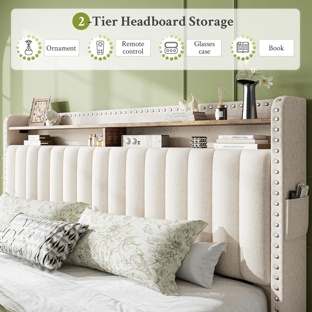 King Bed Frame with 2 Storage Drawers & Upholstered Headboard,No Box Spring Needed, Easy Assembly, Noise Free, Beige