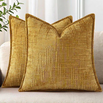 Chenille Fall Throw Pillow Covers 26x26 Set of 2, Mustard Yellow