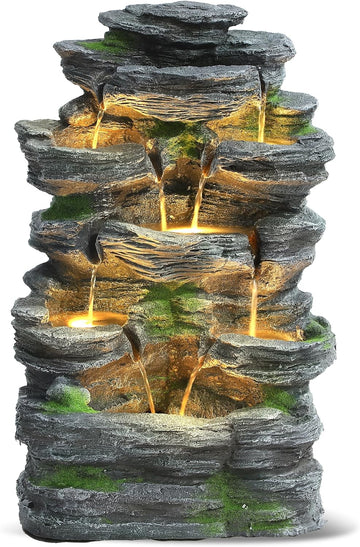 Outdoor 7-Tiers Cascading Rock Water Fountain, Waterfall Fountain with 6 LED Lights, Outdoor Fountains and Waterfalls