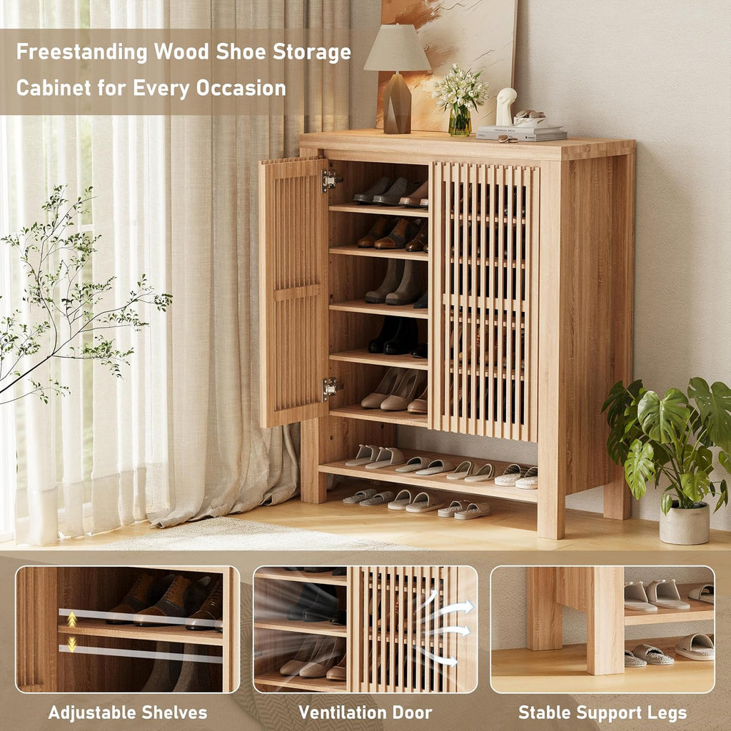 43" Tall Shoe Storage Cabinet with Doors, 8-Tier Entryway Shoe Cabinet with Adjustable Shelves, Modern Freestanding