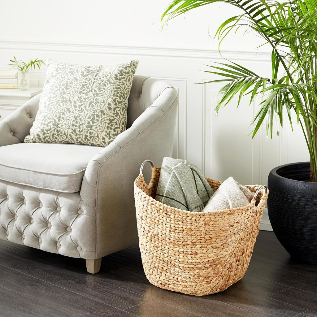 79 Seagrass Handmade Decorative and Functional Storage Basket Large Woven Basket Organizer with Ring Metal Handles