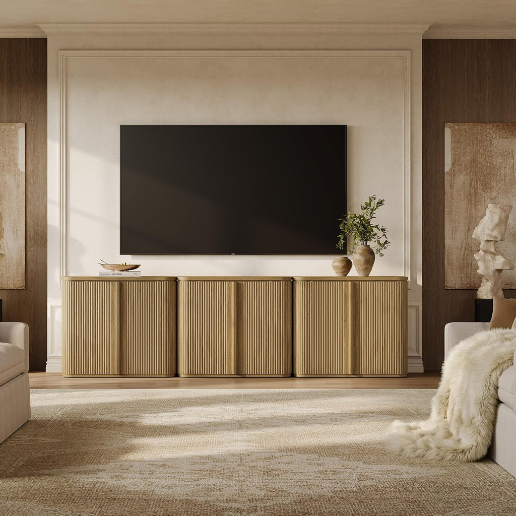 Fluted Sideboard Buffet Cabinet with Storage, Modern Credenza with Solid Wood Handle