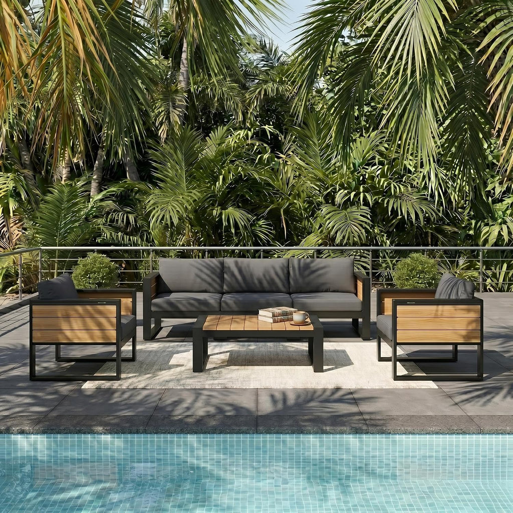 Large 4-Piece Outdoor Patio Furniture Set for 5 Person, 3-Seater Sofa, 2 Armchairs with Fold-Out Side Tables