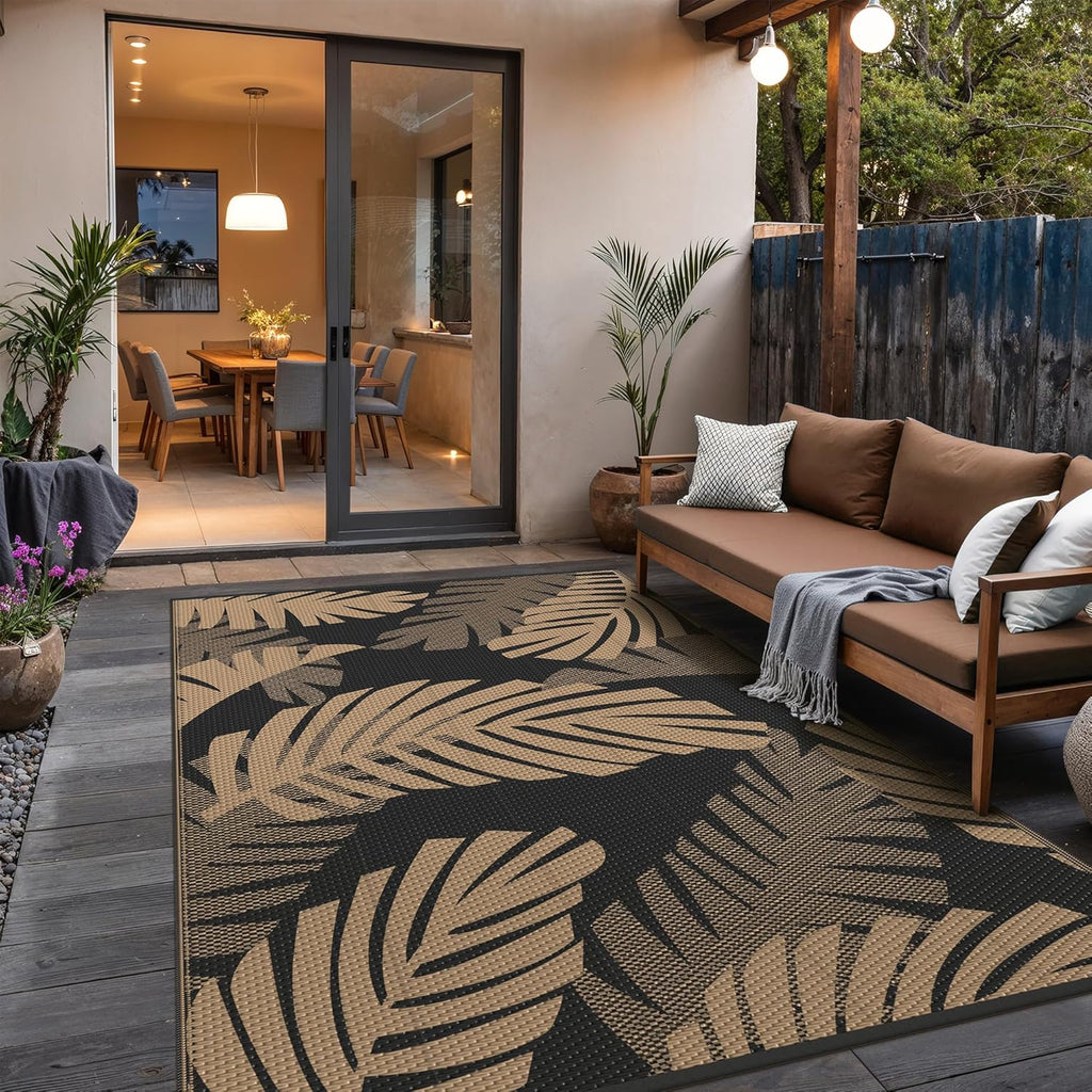 Outdoor Rug, Waterproof Plastic Rugs, 9'x12' Black Brown