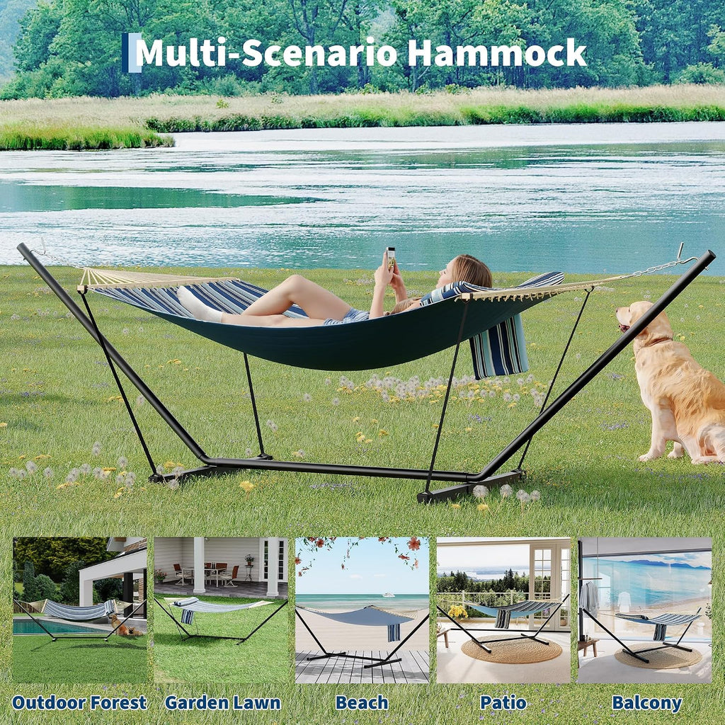 Double Hammock with Stand for Outdoor - Heavy Duty Portable 2 Person Hammock with Adjustable Steel Stand, 450 Lbs