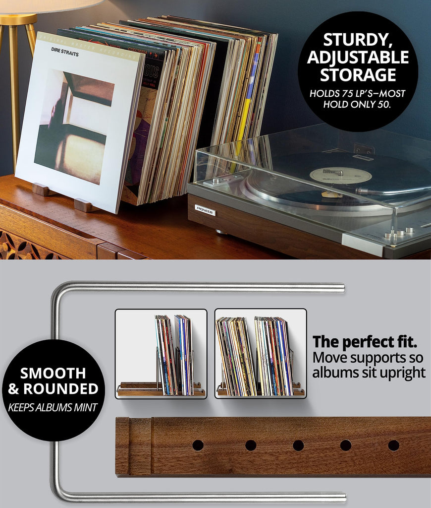 Vinyl Record Storage Holder, 75 LPs, Solid Walnut & Steel