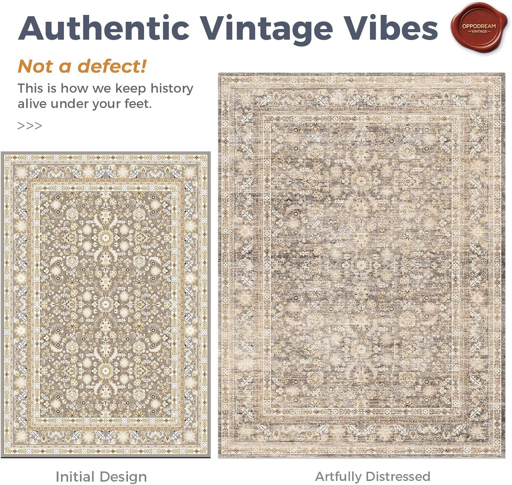 Vintage Beige Area Rugs 6' Round, Washable Rug