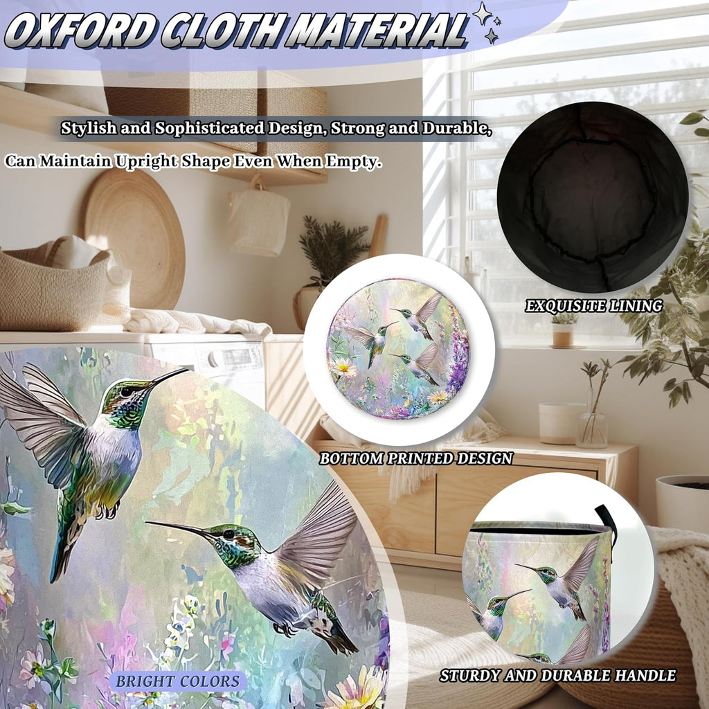 Beautiful Hummingbird Laundry Basket Oxford Cloth Hamper 18.9"x16.5" | Colorful Flower Laundry Hamper With Handle