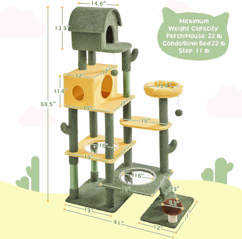68.5in Tall Cactus Cat Tree, Multi-Level Tower with 2 Large Condos, Scratching Posts, 2 Acrylic Clear Bowls