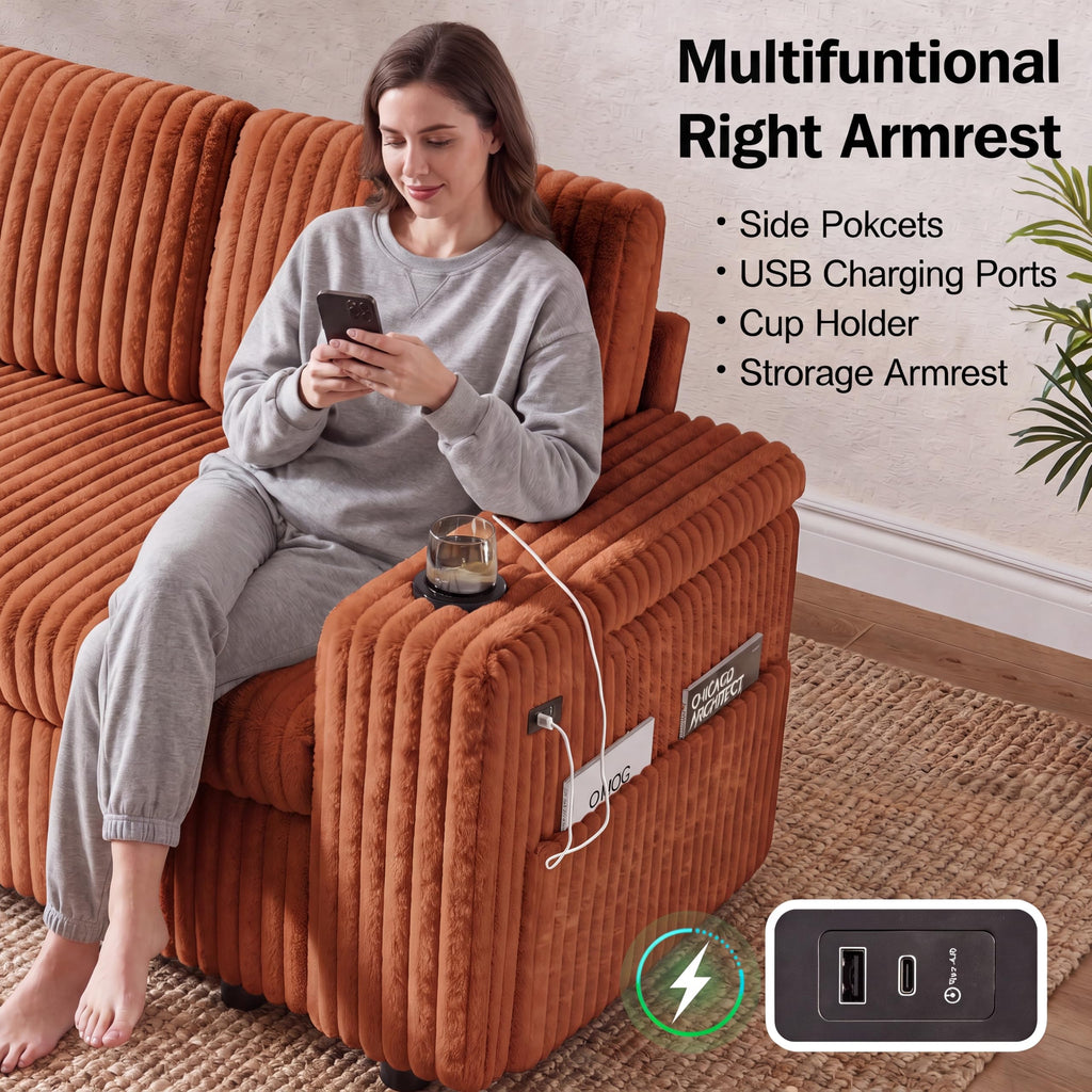 86" Modular Sectional Sleeper Sofa with Pull Out Bed, 5 Seat Plush Corduroy L Shaped Couch with USB Ports|Cup