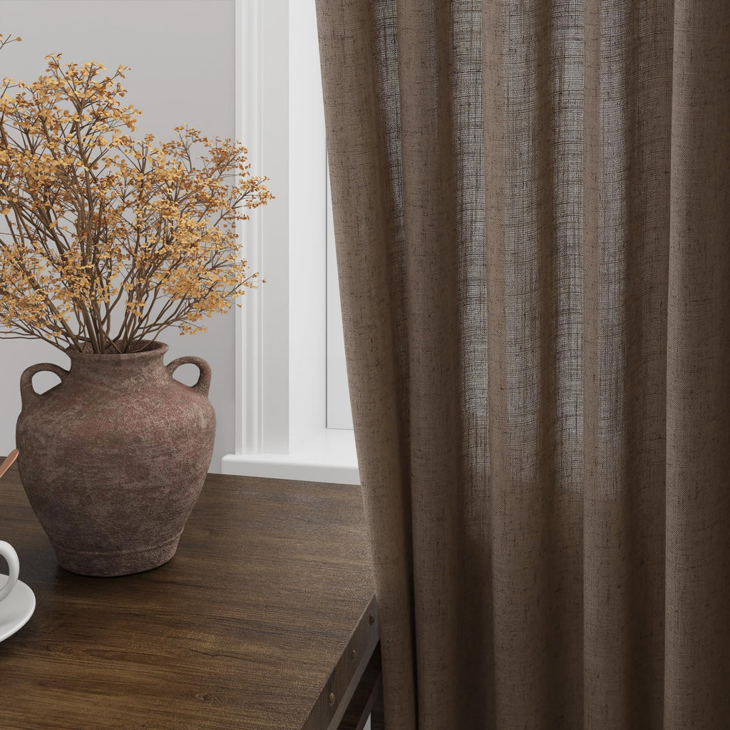 Light Brown Linen Curtains 96 Inches Long Back Tab Vintage Rustic Farmhouse Light Filtering Curtain Burlap Textured