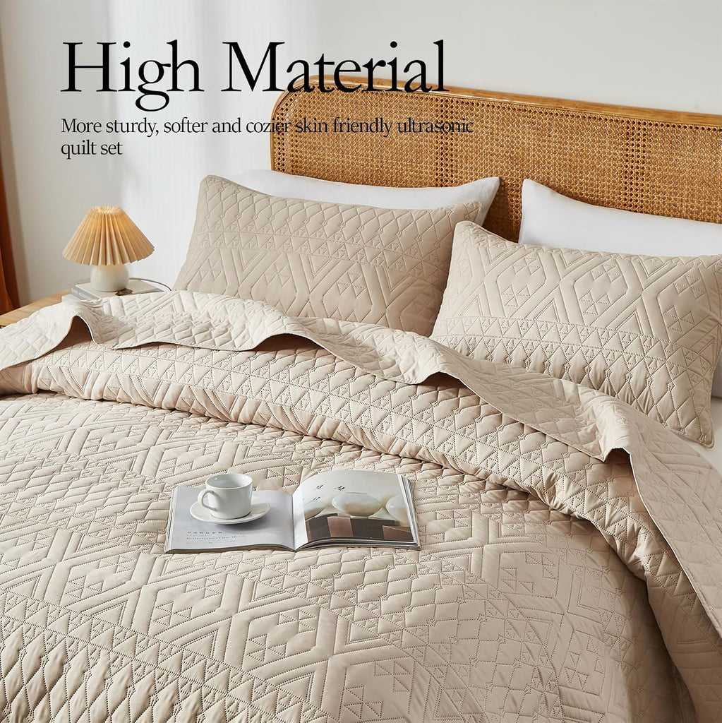 Full/Queen Quilt Bedding Set,Beige Lightweight Microfiber Soft Bedspread,Modern Style Geoetric Pattern Coverlet Set