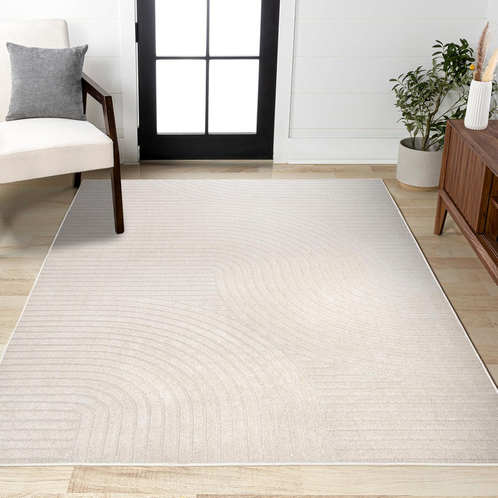 Y Hallie High-Low Curve Ivory/Cream Indoor/Outdoor Area Rug, 8x10, Minimalist, Japandi, Pet Friendly