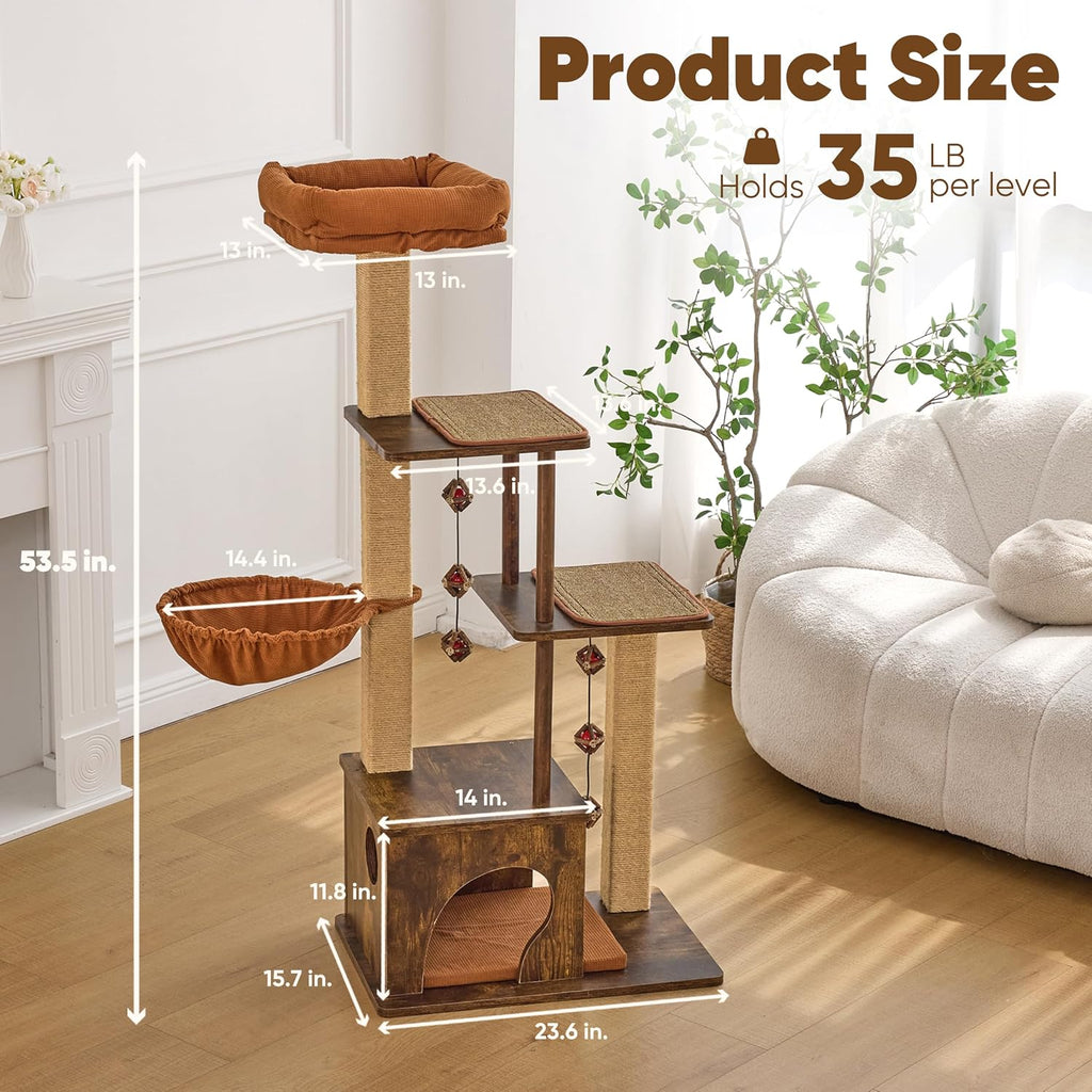 Retro-Modern Cat Tree, 4 in 1 Large Cat Tower with Hammock & Condo