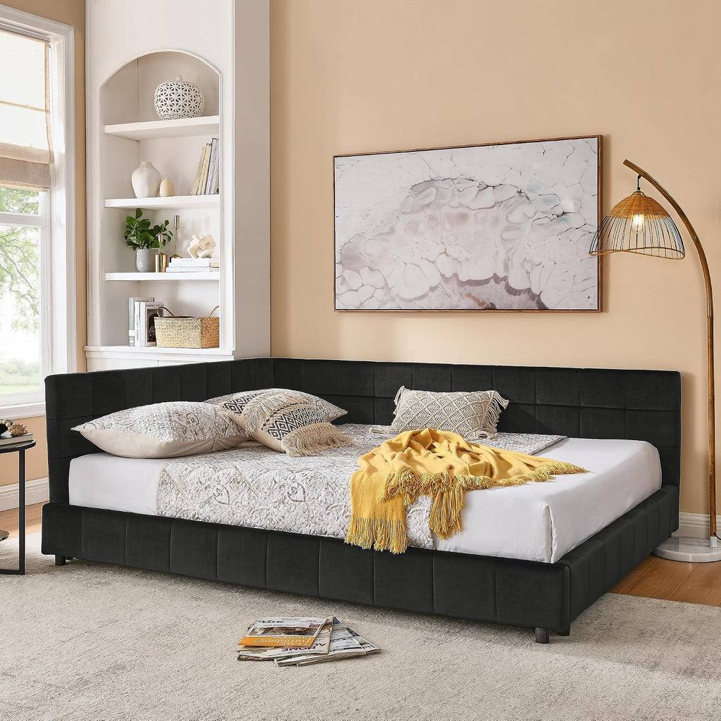 Queen Size Upholstered Daybed, Queen Corner Bed with L Shaped Headboard, Velvet Day Bed Floor Bed Frame Guest Room